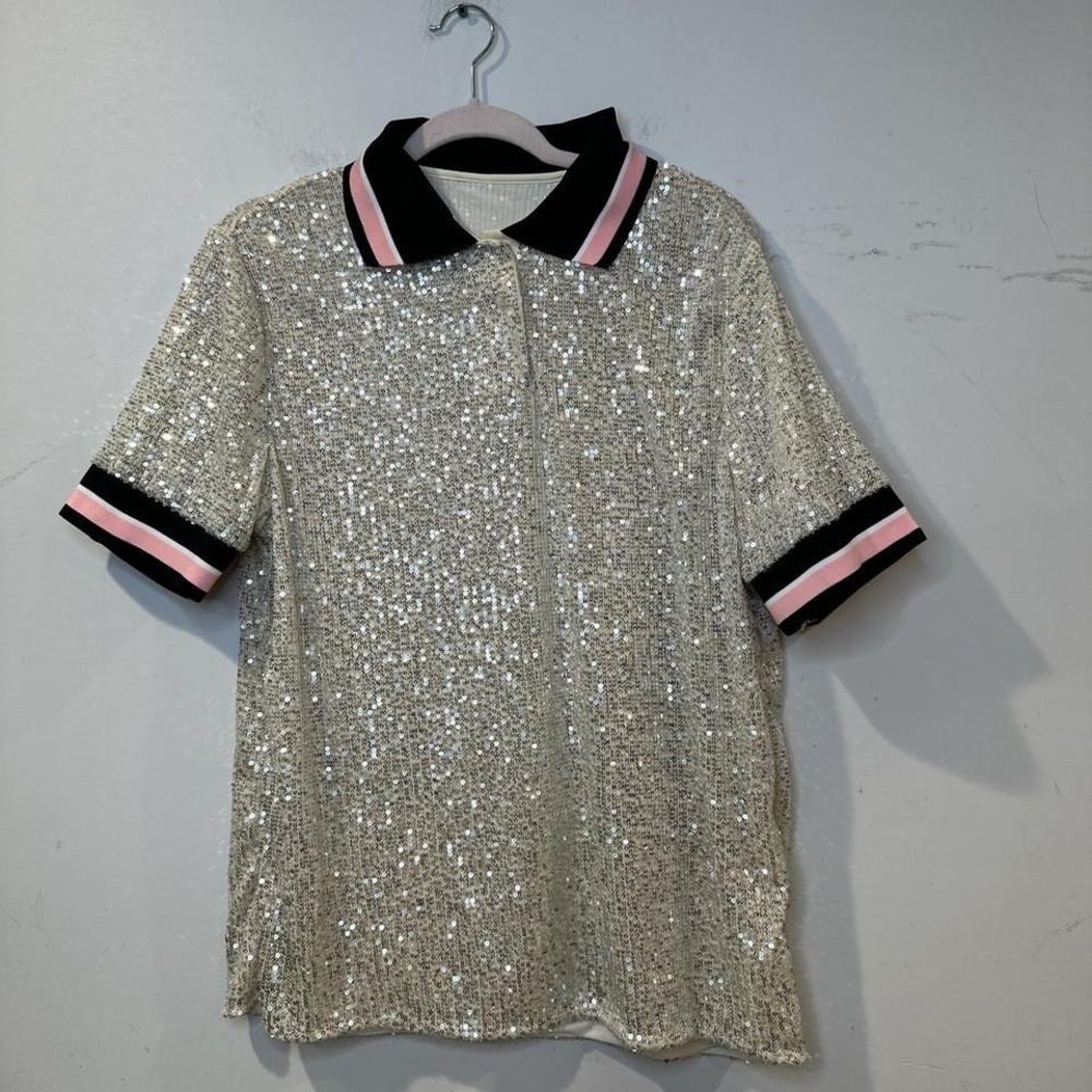 Silver sequin polo shirt with pink and black trim NEW LARGE - Picture 2 of 7